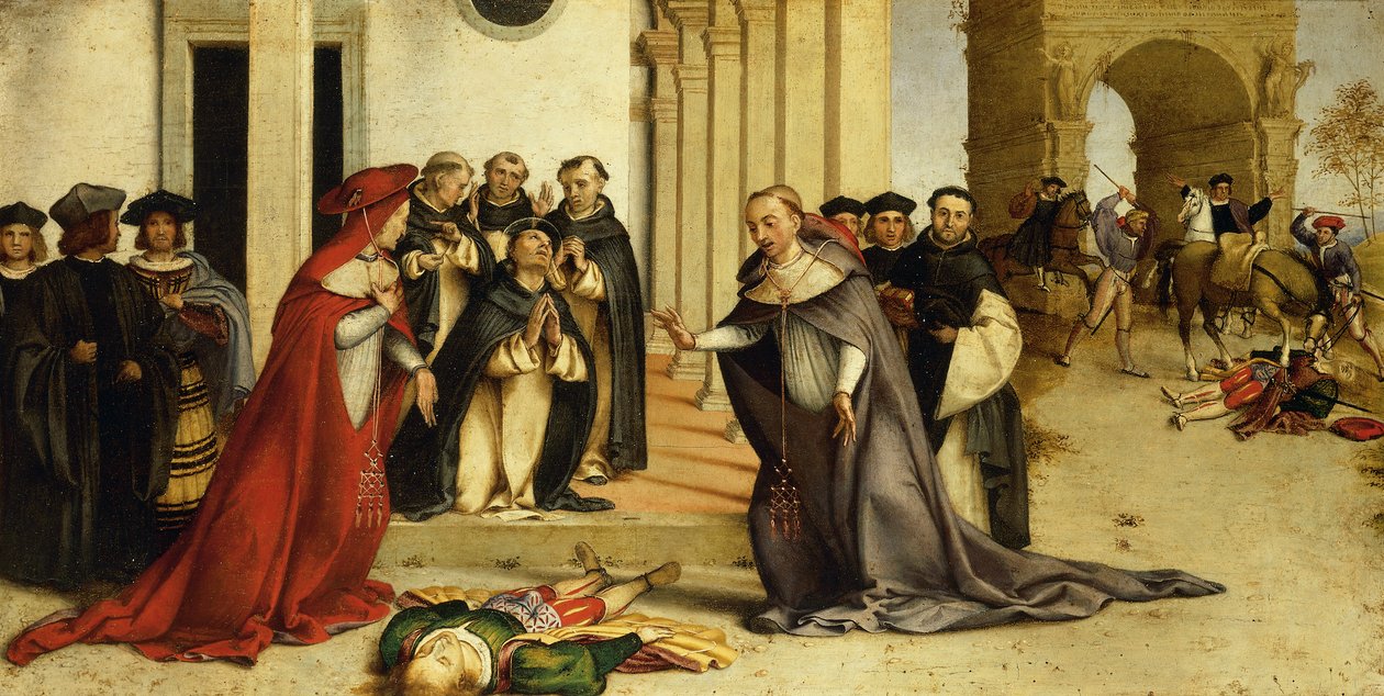 Szent Domonkos Napoleone Orsinit feltámasztó Lorenzo Lotto (1480, 1556 körül), olajtábla, 51,8x97,5 cm alkotó: Lorenzo Lotto