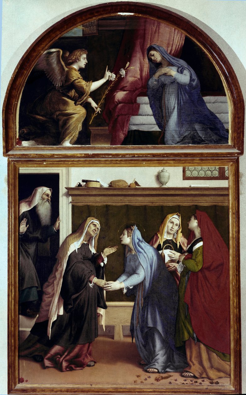 Az Angyali üdvözlet. A Látogatás oltárképének része (olaj, tábla alkotó: Lorenzo Lotto