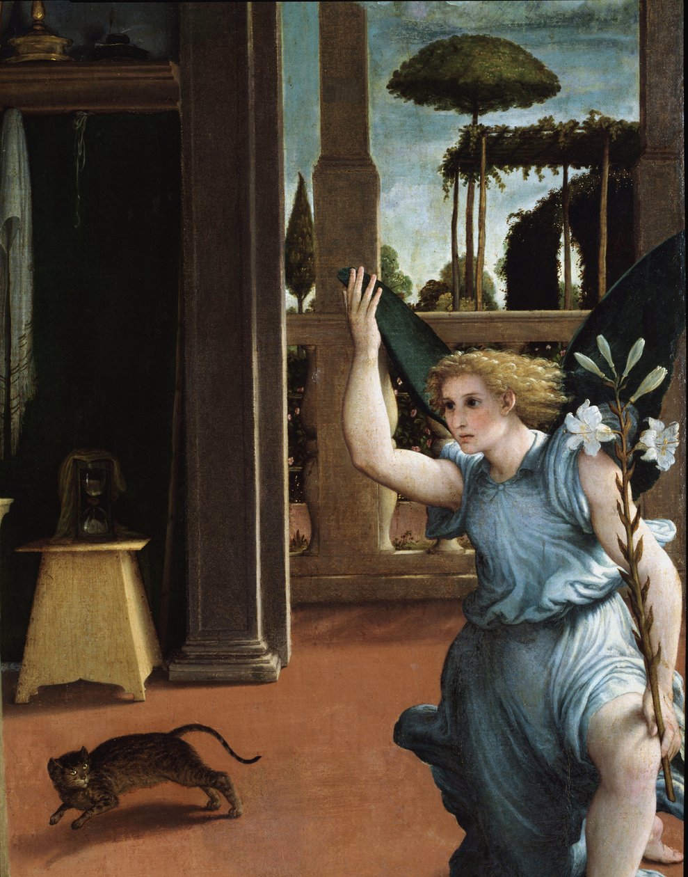 Az Angyali üdvözlet, az angyal részlete alkotó: Lorenzo Lotto
