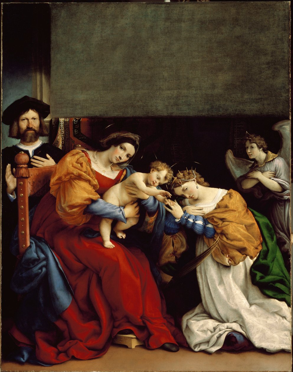 Szent Katalin misztikus házassága Alexandriai Szent Katalin misztikus esküvője” Bal oldalon Niccolo Bonghi, a festő gazdája. Lorenzo Lotto festménye (kb. 1480-1556) 1523 Dim. 189 x 134 cm Bergamo, Accademia Carrara alkotó: Lorenzo Lotto