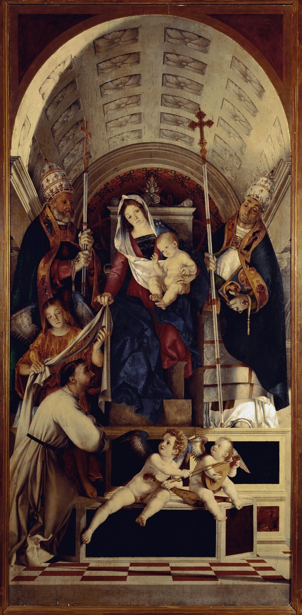 Szűz és gyermek Szent Dominikával, Szent Gergely-vel és Szent Urbánussal - A Recanati poliptikus központi része (1508, olaj, fa) alkotó: Lorenzo Lotto