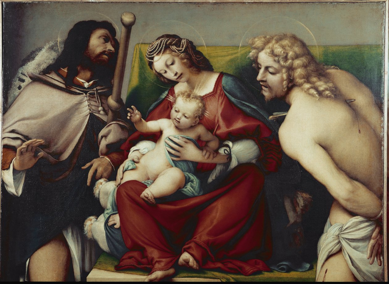 Szűz és gyermek Szent Rókussal és Szent Sebestyénnel (1518 körül, olaj, vászon) alkotó: Lorenzo Lotto