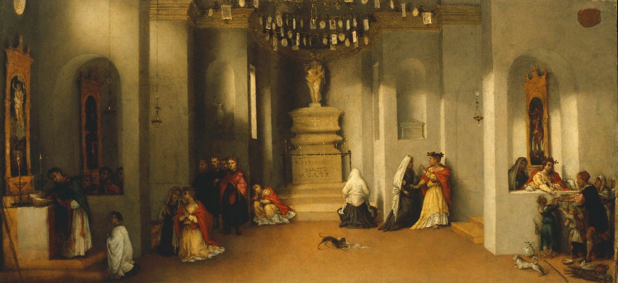 Szent Lucia elhívása, Lorenzo Lotto Szent Lucia oltárképe vagy Szent Lucia bíró előtt predella első panelje (1480-1556), olajtábla, 32x69 cm alkotó: Lorenzo Lotto