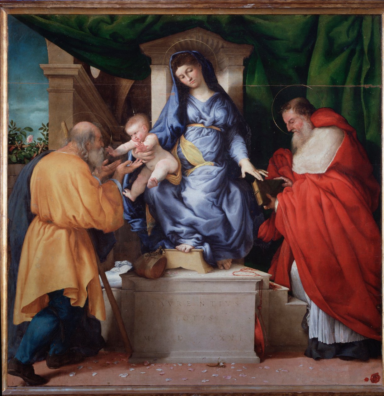 Szűz gyermekkel Szent Jeromossal és Szent Józseffel (Madonna delle Rose néven) - Festmény alkotó: Lorenzo Lotto
