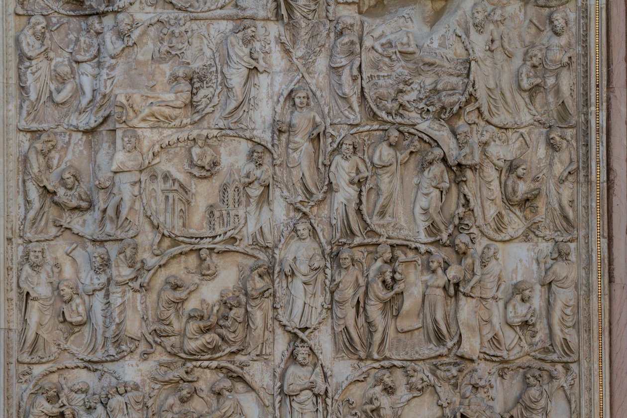 Jesse-fa és messiási próféciák, Genesis történetei, Lorenzo Maitani domborművei (1275-1330 előtt), második pillér, orvietoi katedrális homlokzata, Umbria, Olaszország alkotó: Lorenzo Maitani