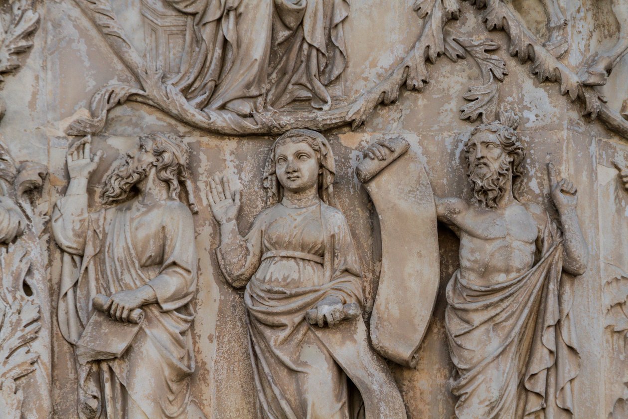 Próféták, részlet Jesse-fáról és messiási próféciák, Genezis történetei, Lorenzo Maitani domborművei (1275-1330 előtt), második pillér, orvietoi katedrális homlokzata, Umbria, Olaszország alkotó: Lorenzo Maitani