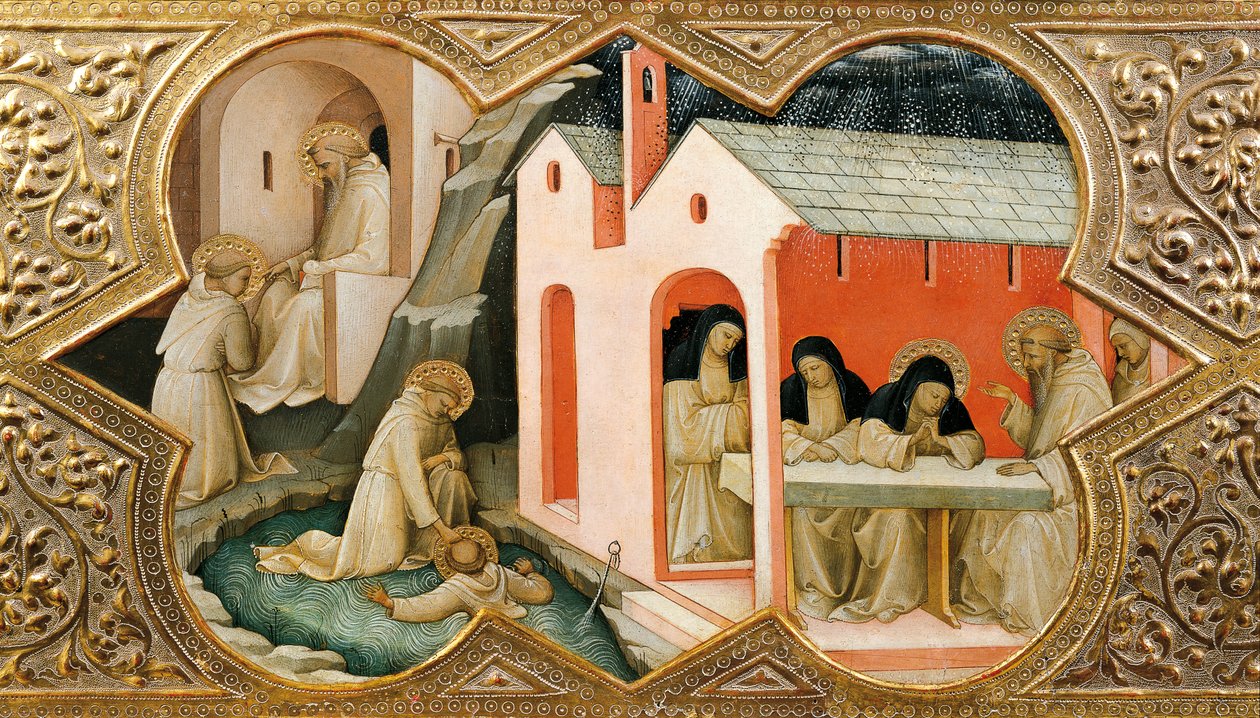 Szűz Koronázásának oltárképe (Incoronazione della Vergine). Nursiai Szent Benedek életének jeleneteit bemutató részlet alkotó: Lorenzo Monaco