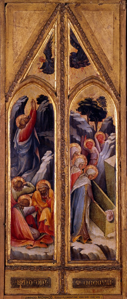 Jézus az Olajfák hegyén és a szent asszonyok Lorenzo Monaco Diptichon sírjánál (1365/70-1425). Mérete: 0,66 x 0,26 m. Párizs, Musee du Louvre alkotó: Lorenzo Monaco