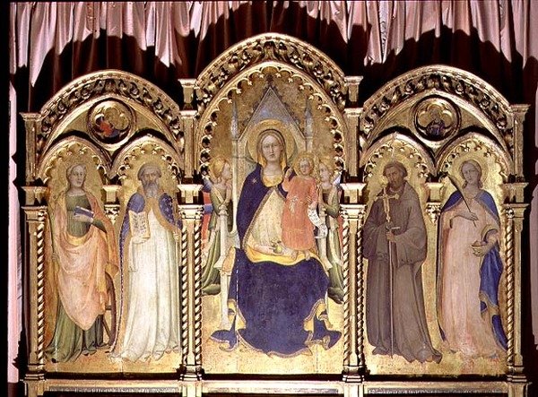 Madonna és a gyermek trónolt az SS-nél. Lucy, John Gualberto, Benedict és Catherine, poliptichon 1413 alkotó: Lorenzo Monaco