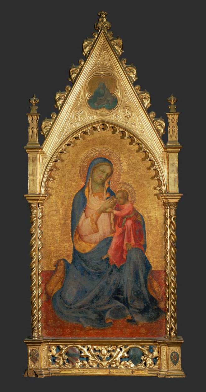 Madonna és gyermeke, a tetején lévő medalionban: ... alkotó: Lorenzo Monaco