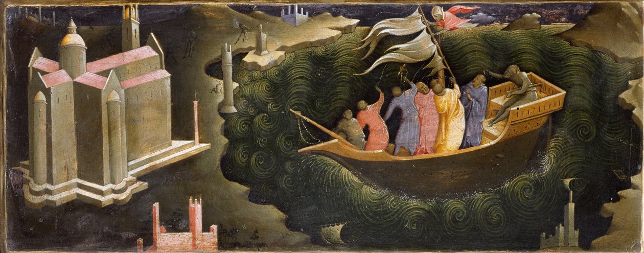 Szent Miklós ábrázolása, amint megnyugtatja a Tempetét. Nicolas de Myra (vagy Nicolas de Bari) megment egy hajót az elsüllyedéstől. Lorenzo Monaco festménye fára (kb. 1370-kb. 1423/1424) Firenze, Galleria del 