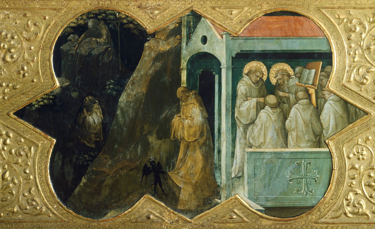 Szent Benedeket ördög és Szent Bernardino megkísérti a konzisztóriumban, Lorenzo Monaco (1370-1423) Szűz koronázásának predellájának részlete, tempera a táblán, 450x350 cm, poliptichon a firenzei Santa Maria degli Angeli kolostor főoltárára alkotó: Lorenzo Monaco