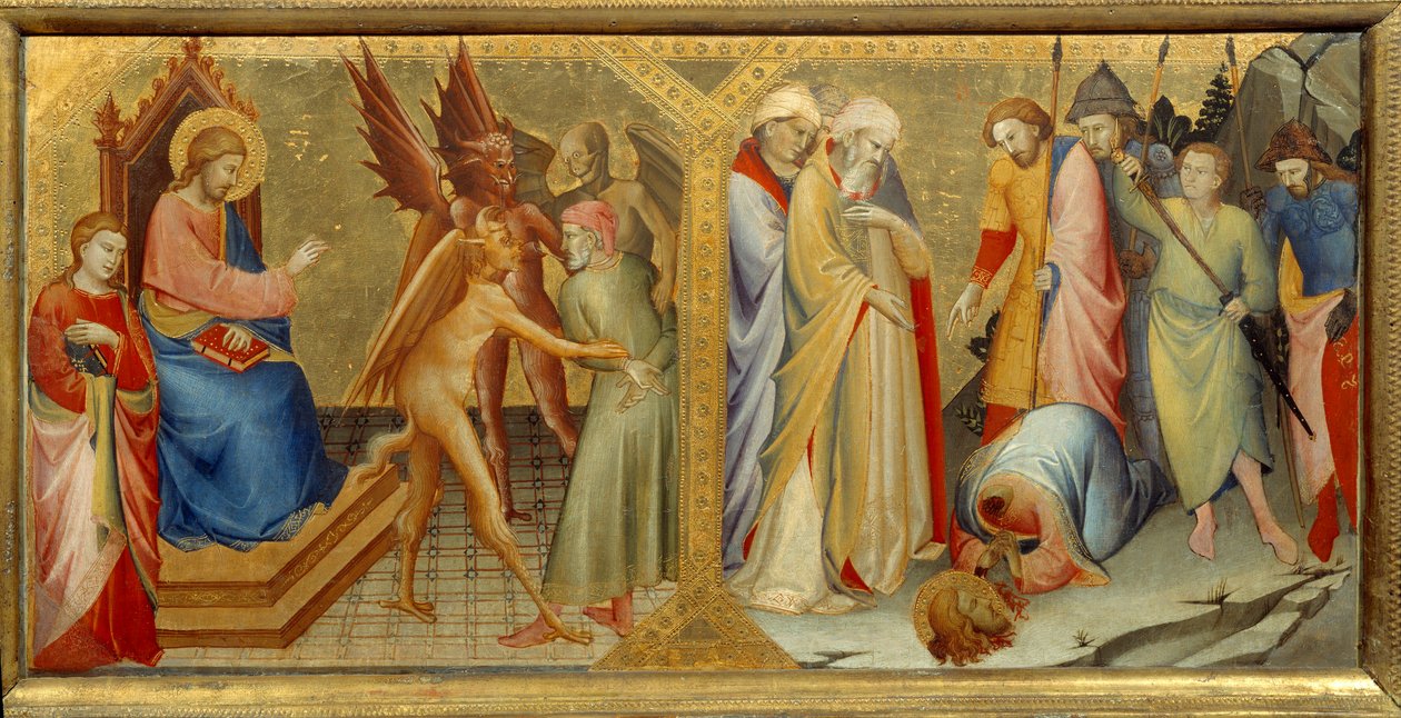 Őrnagy Szent Jakab és Hermogen vértanú találkozása. Hermogene ókori görög tervező és építész (Kr. e. 3. század vége – 2. század eleje). A Santa Maria degli Angeli-templom Nobili-kápolnájának oltárképének Predelle in alkotó: Lorenzo Monaco
