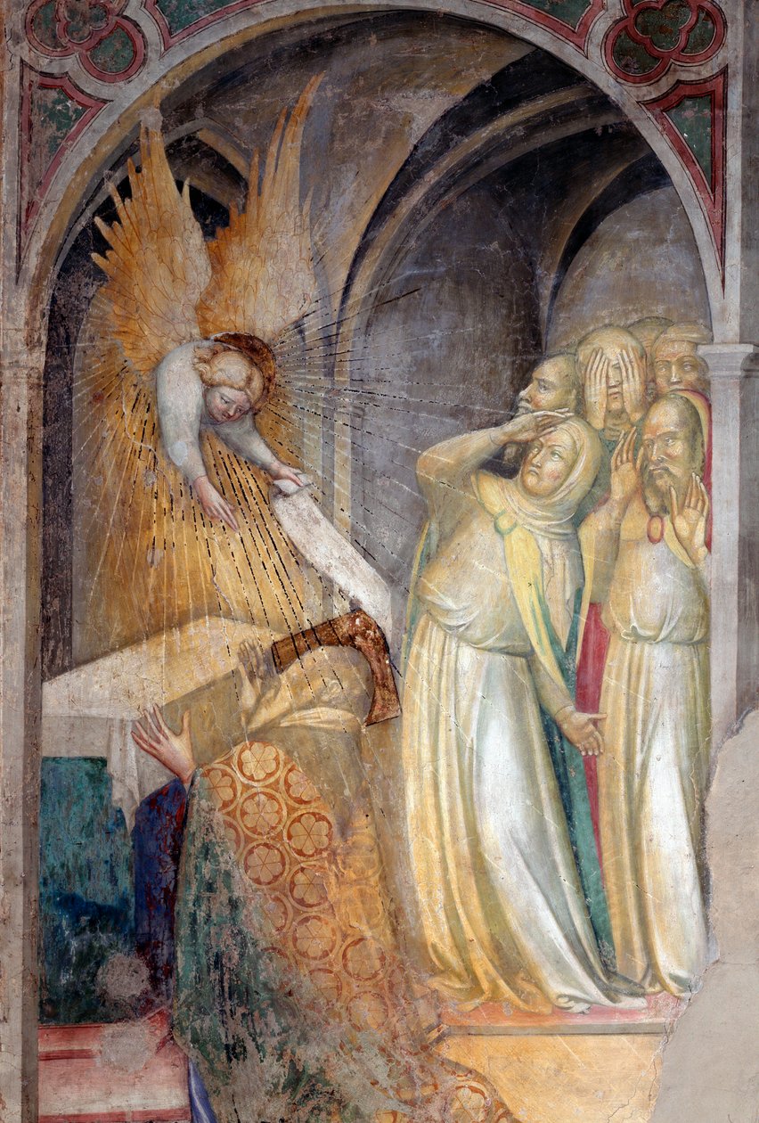 Gábriel arkangyal bejelenti Zakariásnak Keresztelő János közelgő születését, részlet (Fresco alkotó: Lorenzo Salimbeni