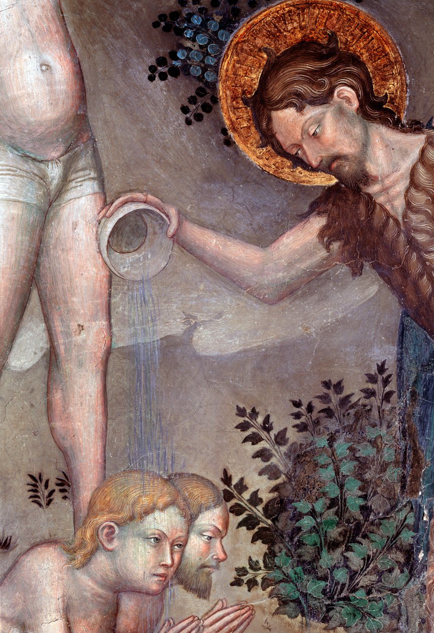 Keresztelő Szent János, aki megkereszteli a tömeget a Jordán folyóban, részlet (Fresco alkotó: Lorenzo Salimbeni