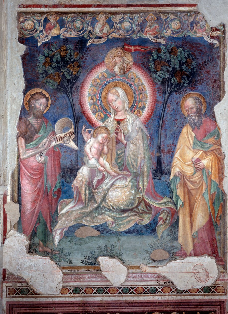 Szűz gyermekével Szent Jakab apostollal és Keresztelő Szent Jánossal körülvéve (freskó alkotó: Lorenzo Salimbeni