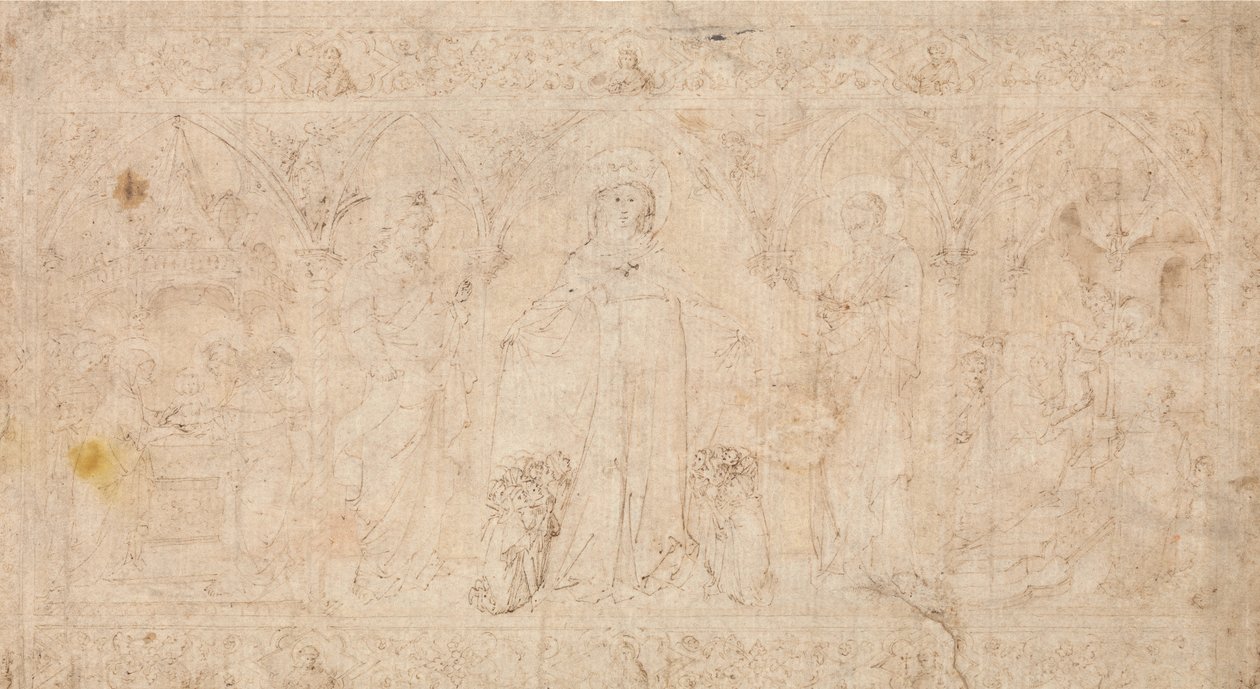 Tervezés egy előlaphoz: Madonna della Misericordia Keresztelő Szentekkel..., 1370 körül. alkotó: Lorenzo Veneziano.