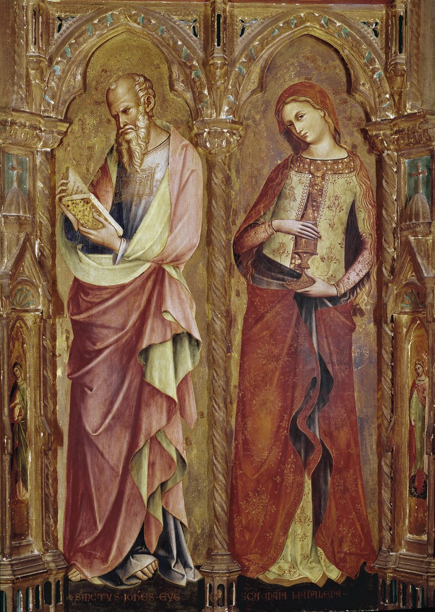Szent János evangélista és Szent Mária Magdolna - Részlet az Angyali üdvözlet poliptichonjáról (1357, tempera és aranylevél a fán) alkotó: Lorenzo Veneziano