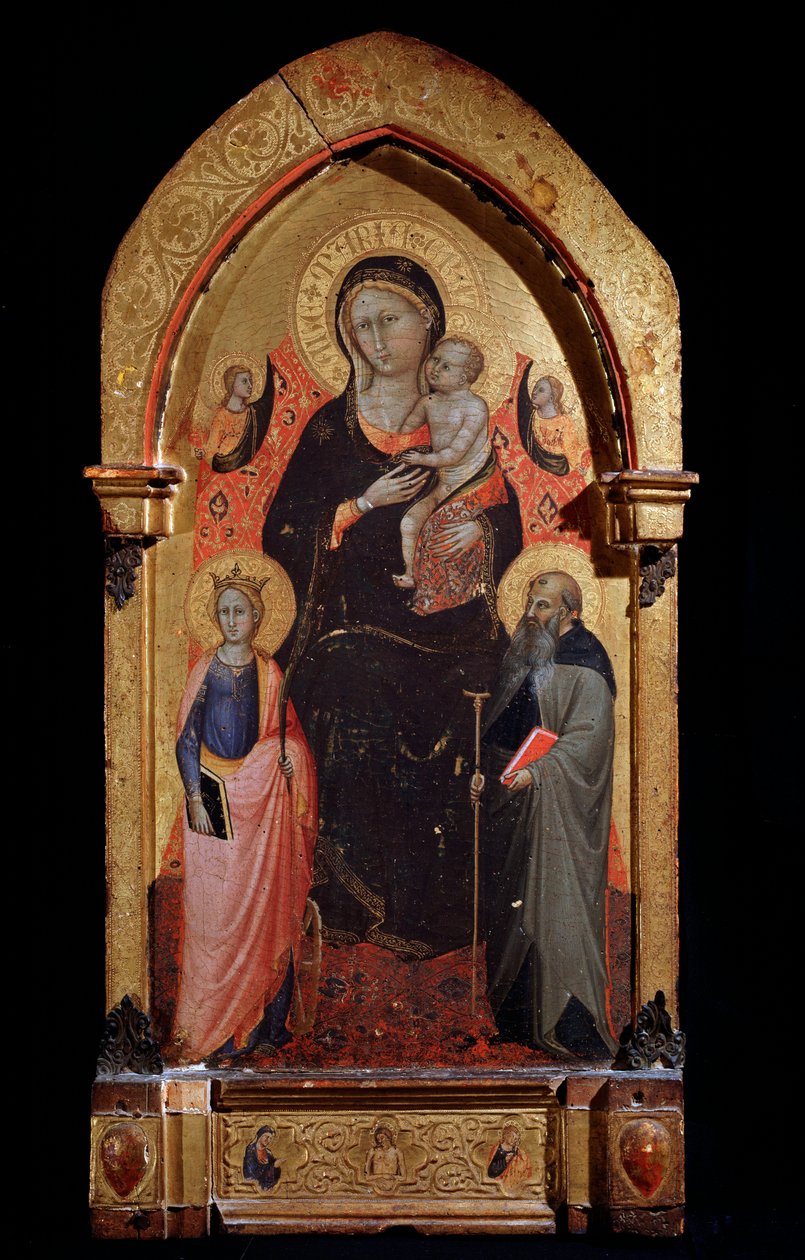 Szűz és gyermek Alexandriai Szent Katalinnal, Nagy Szent Antal és Angyalok festménye, Bicci di Lorenzo (1373-1452) 1415 kb. Mérete 90,4x43,5 cm Assisi, a San Francesco-bazilika kincstárának múzeuma alkotó: Lorenzo di Bicci