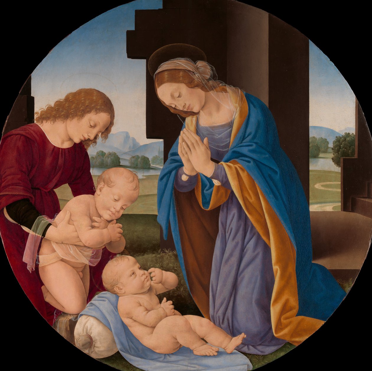 Madonna imádja a gyermeket Keresztelő Szent János csecsemővel és egy angyallal, 1490-es évek eleje. alkotó: Lorenzo di Credi