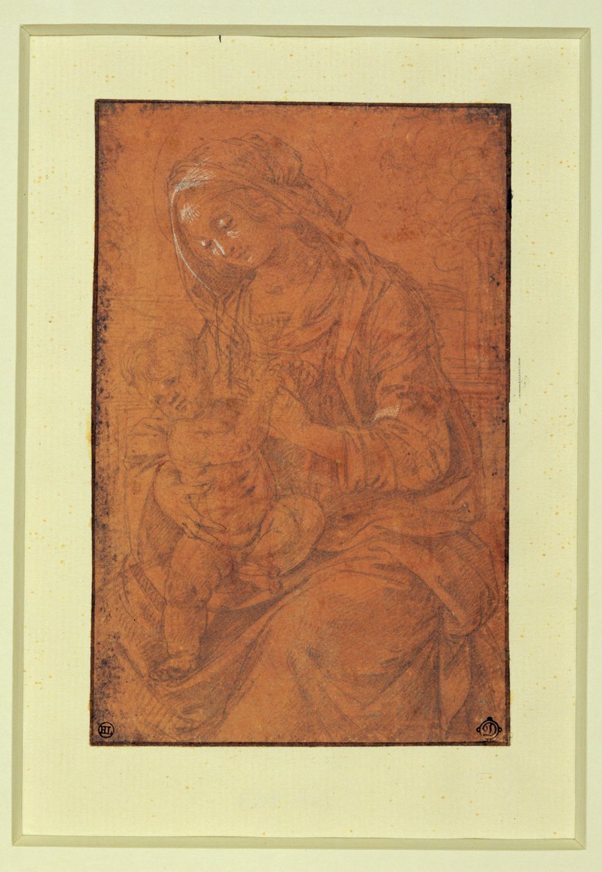 Madonna. Ezüst tollhegy, fehérrel magasított, lazacrózsaszín papírra ... alkotó: Lorenzo di Credi