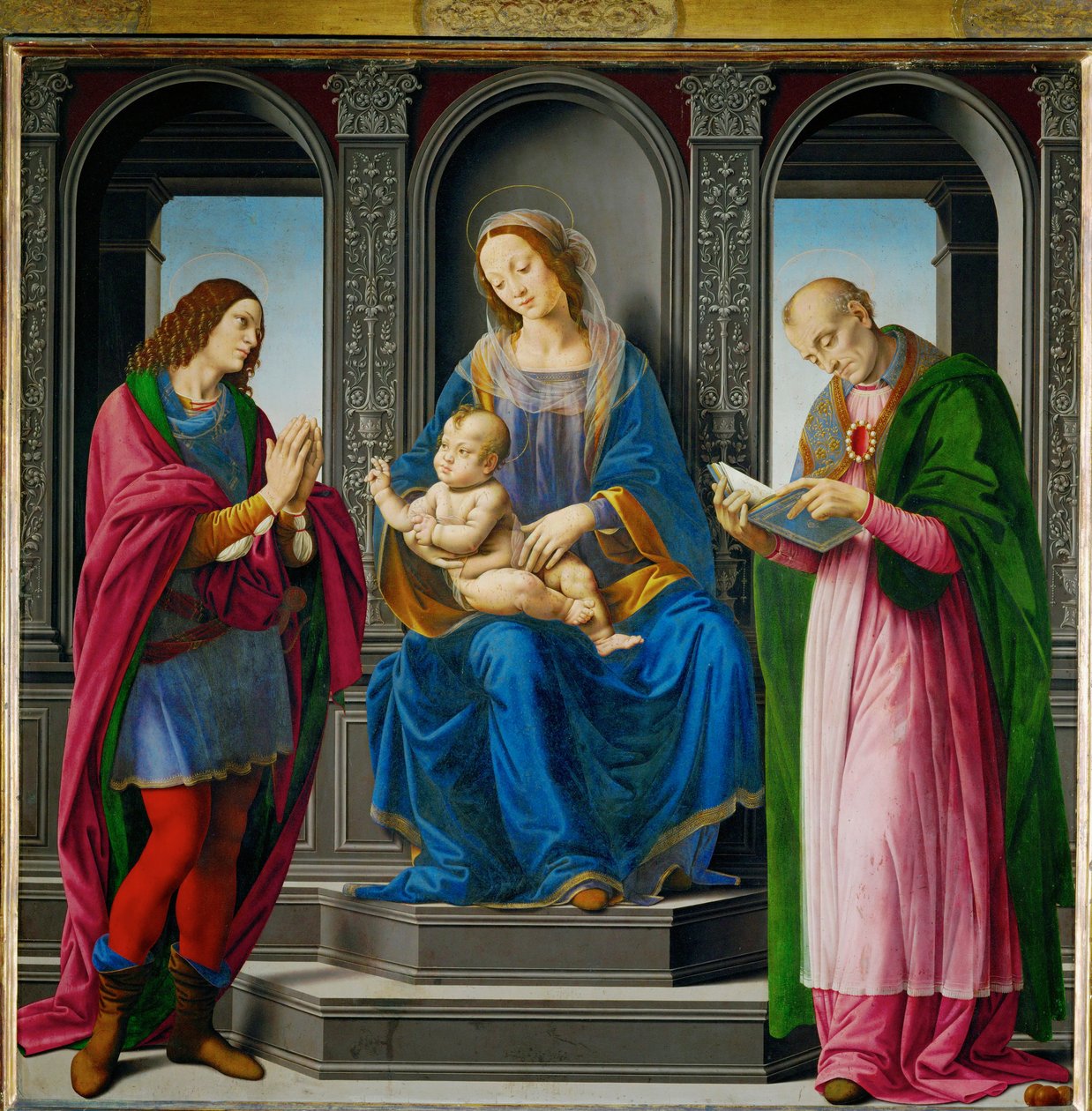 Madonna és gyermeke, körülötte Szent Julián és Myrai Szent Miklós ... alkotó: Lorenzo di Credi