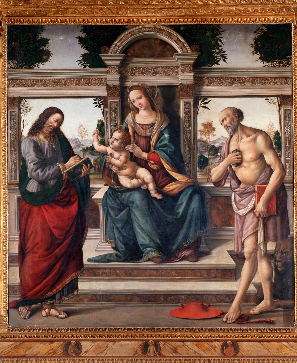 Szűz gyermekkel és két szenttel, Szent Máté és Szent Jeromos Lorenzo di Credi festménye (1459-1537) Firenze, Santo Spirito templom Olaszország alkotó: Lorenzo di Credi