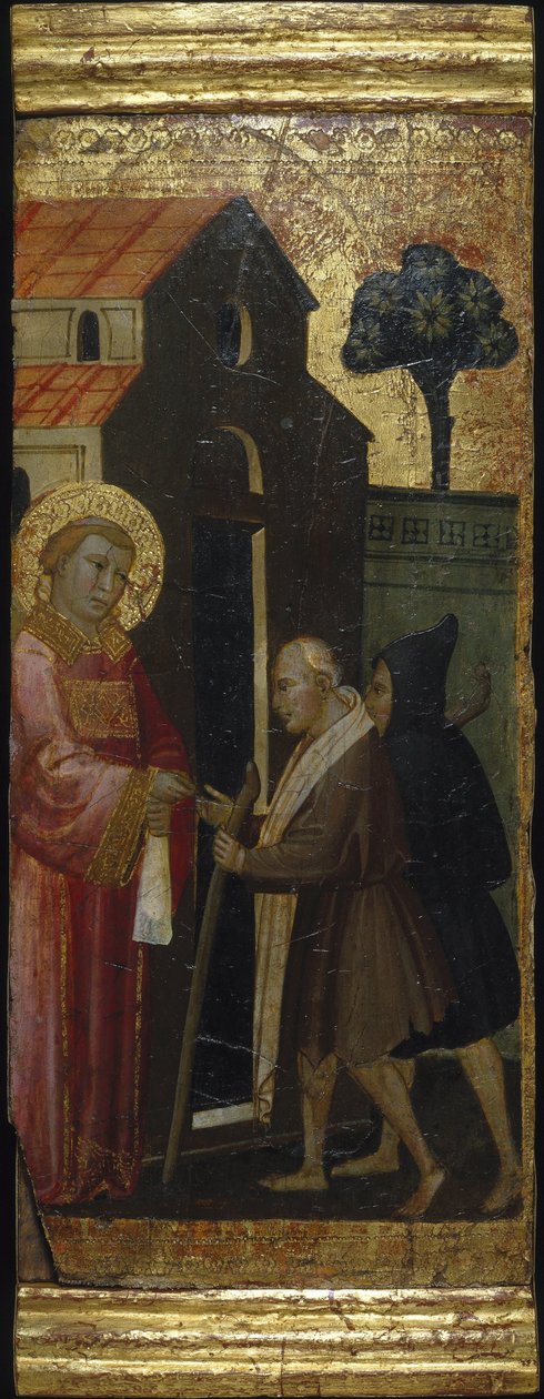 Szent Lőrinc alamizsnát oszt a szegényeknek. Jelenetek Szent Lőrinc életéből, predella, 1412 körül alkotó: Lorenzo di Niccolò