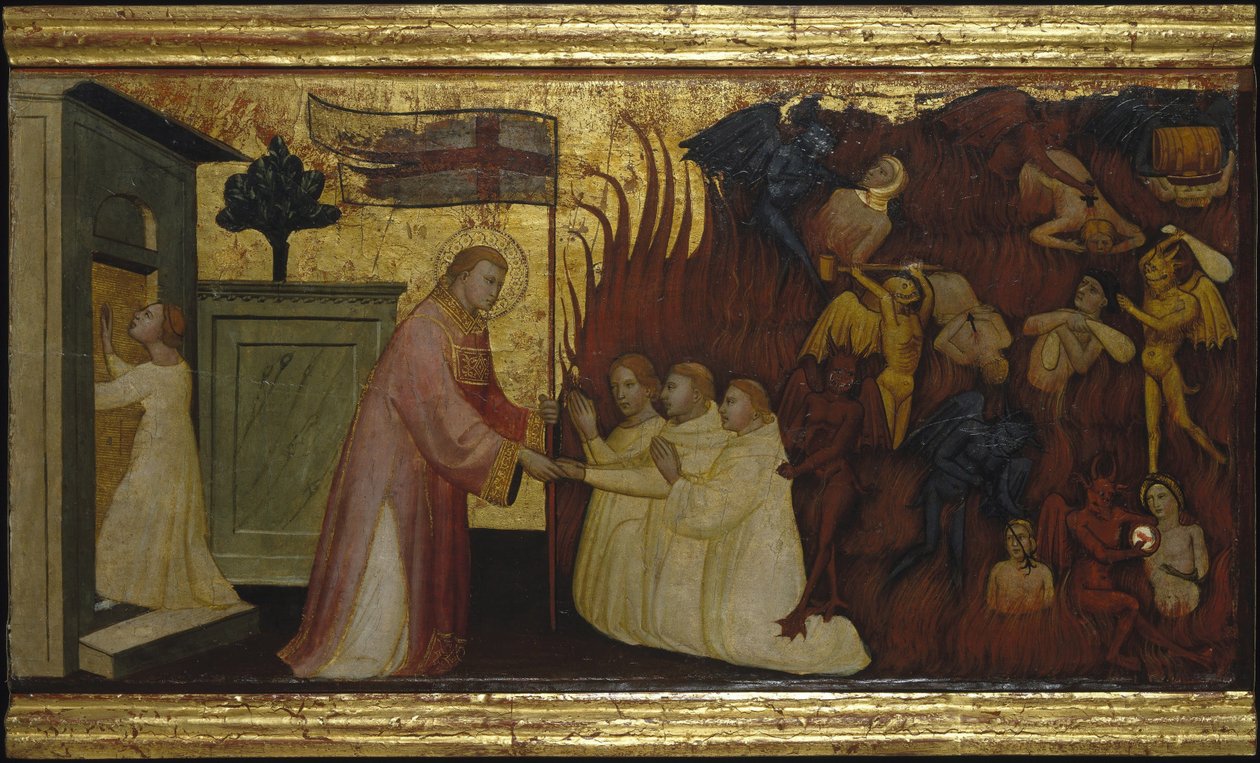 Szent Lőrinc kiszabadítja a lelkeket a purgatóriumból. Jelenetek Szent Lőrinc életéből, predella, 1412 körül alkotó: Lorenzo di Niccolò