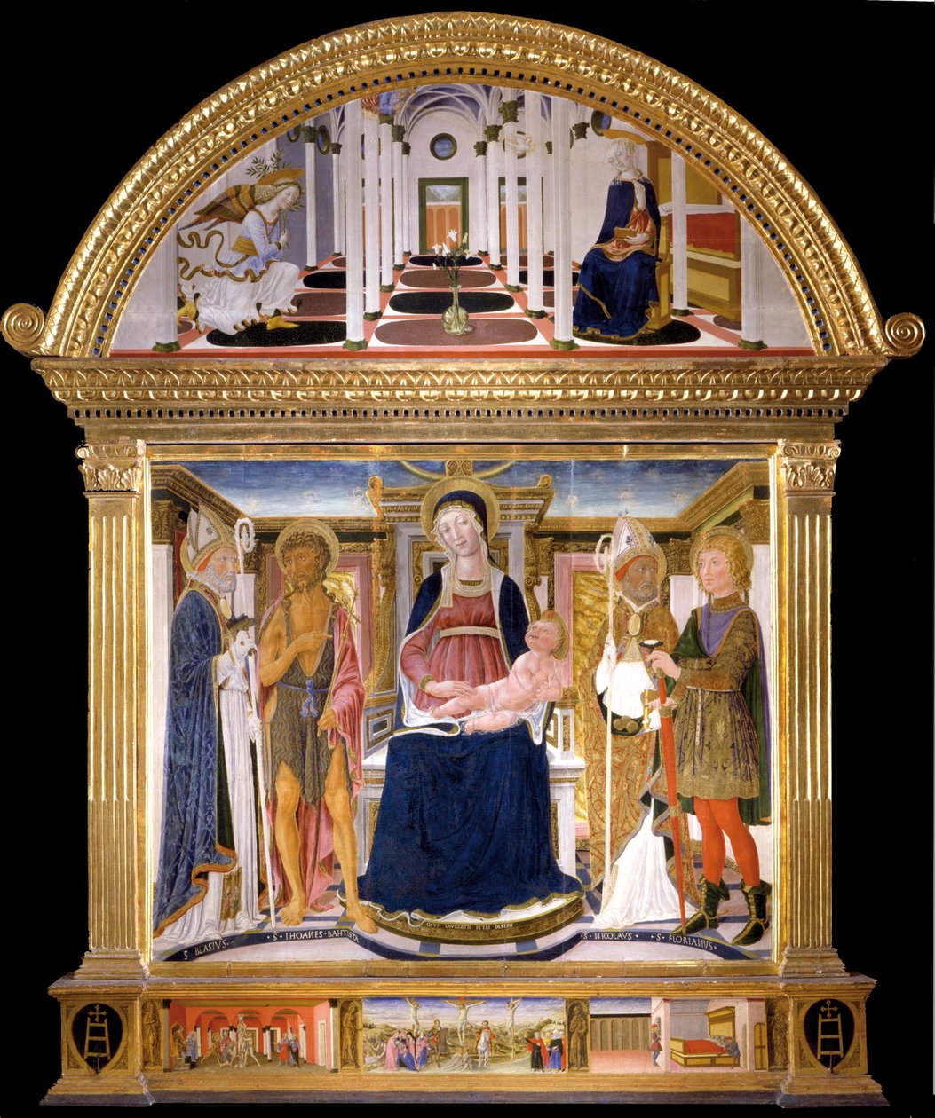Madonna gyermekkel és szentekkel Blaise, Keresztelő János, Miklós és Flórián. Angyali üdvözlet, 1462 alkotó: Lorenzo di Pietro