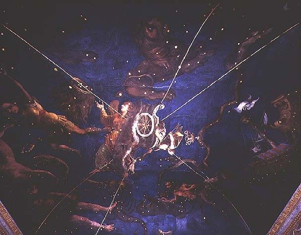 Diana istennő a szekerén, a Sala dello Zodiaco csillagjegyeinek ábrázolásával körülvéve alkotó: Lorenzo the Younger Costa