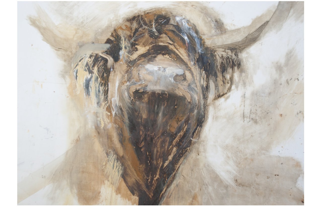 La Vache, Tehén, 2015, (olaj és vegyes technika gesso papíron) alkotó: Lou Gibbs