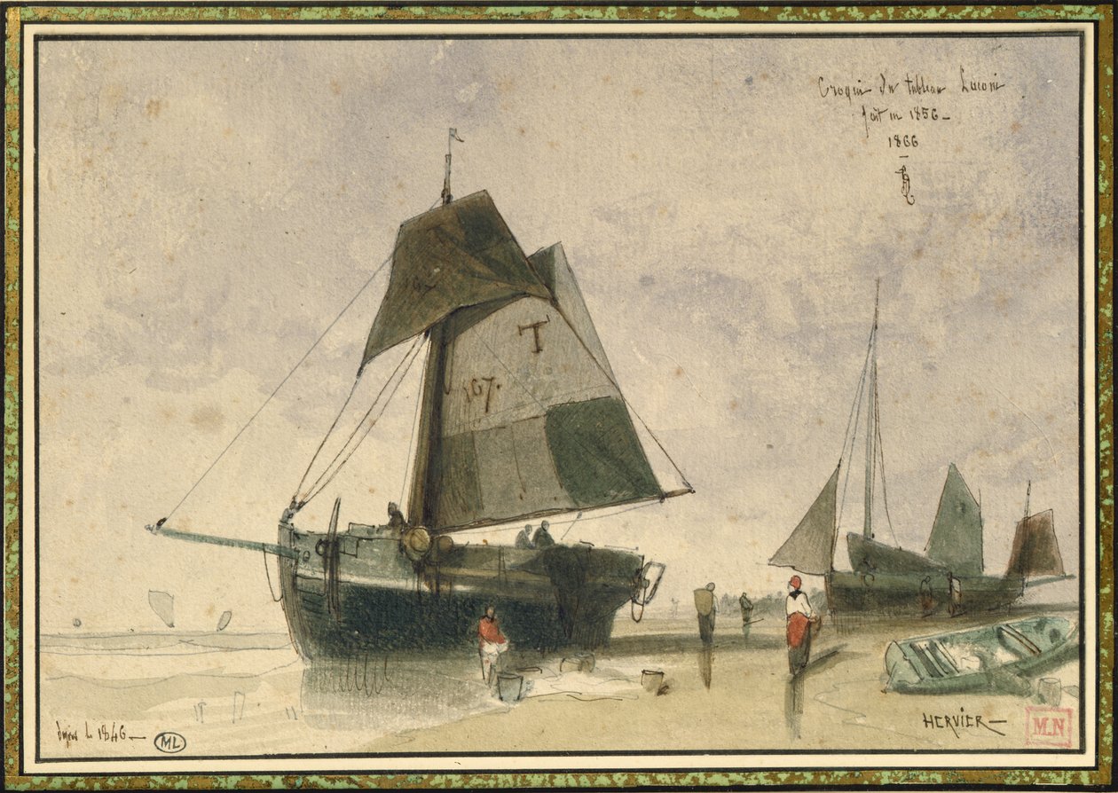 Két horgászcsónak, 1856 (toll, tinta és WC papíron) alkotó: Louis Adolphe Hervier