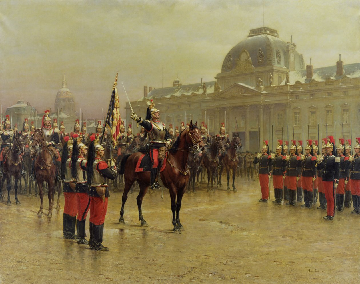 de La Rochetulon ezredes bemutatja a 6. lovasság újoncainak az ezred szabványát 1887 januárjában, 1887 körül alkotó: Louis Auguste Georges Loustaunau