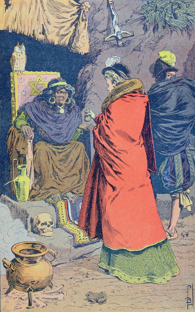 Boszorkányság a 16. században, egy boszorkány, aki filtrét árul, Jules Michelet (1798-1874) „Histoire de France” című művéből, 1900 körül (színes metszet) alkotó: Louis Charles Bombled