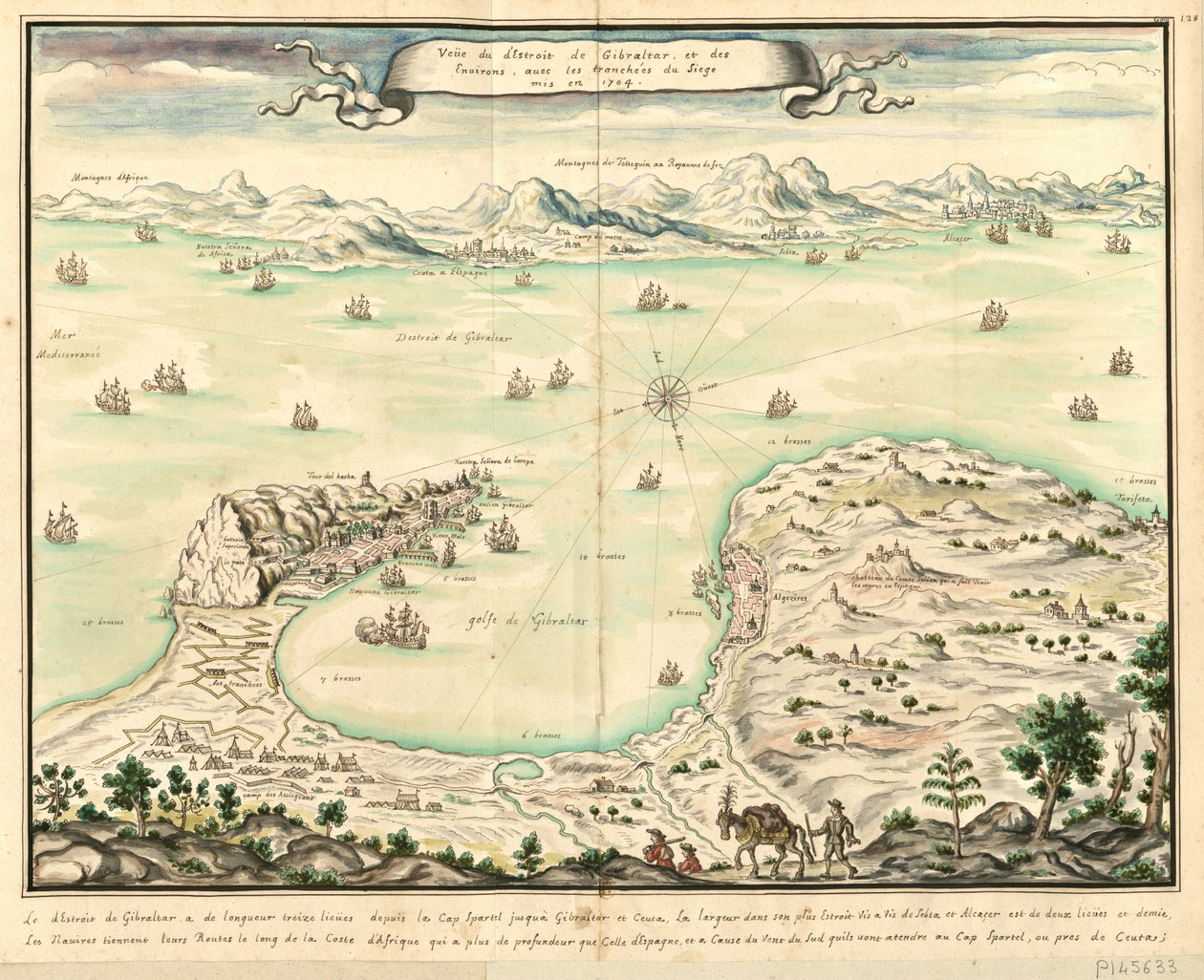 Veüe, a Gibraltári -szoros és környéke, az 1704 -es ostrom árkaival alkotó: Louis Boudan