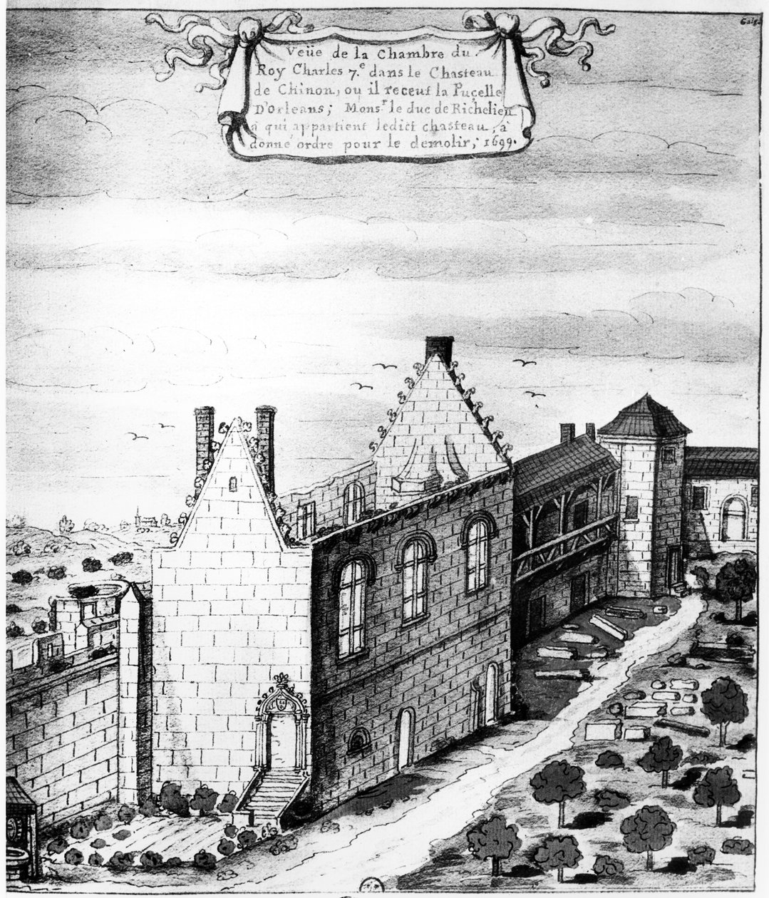 Kilátás a Chinon kastélyban lévő kamrára, ahol VII. Károly francia király fogadta Jeanne of Arc-ot 1429-ben: Richelieu herceg parancsára lebontották, 1699 (toll, tinta és WC papíron) alkotó: Louis Boudan