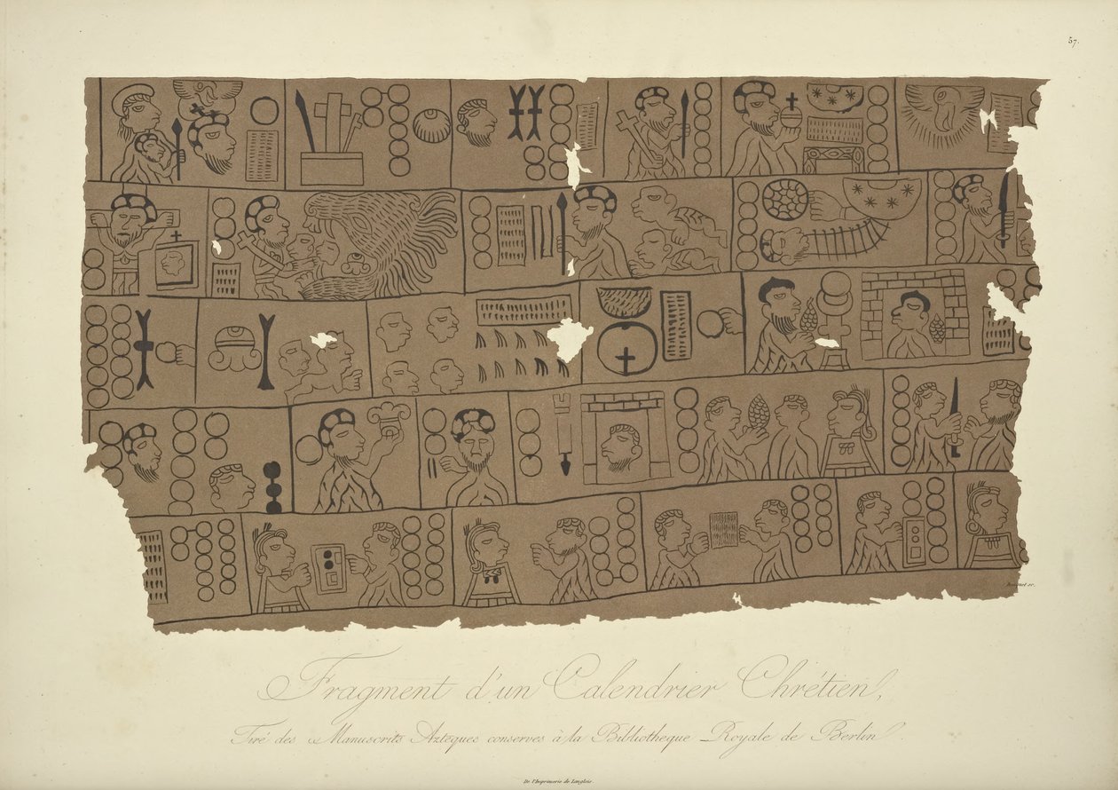 Keresztény naptár töredéke, a Berlini Állami Könyvtárban található azték kéziratból, illusztrációja Alexander von Hum Kordillerák látképéből és Amerika őslakos népeinek emlékműveiből alkotó: Louis Bouquet