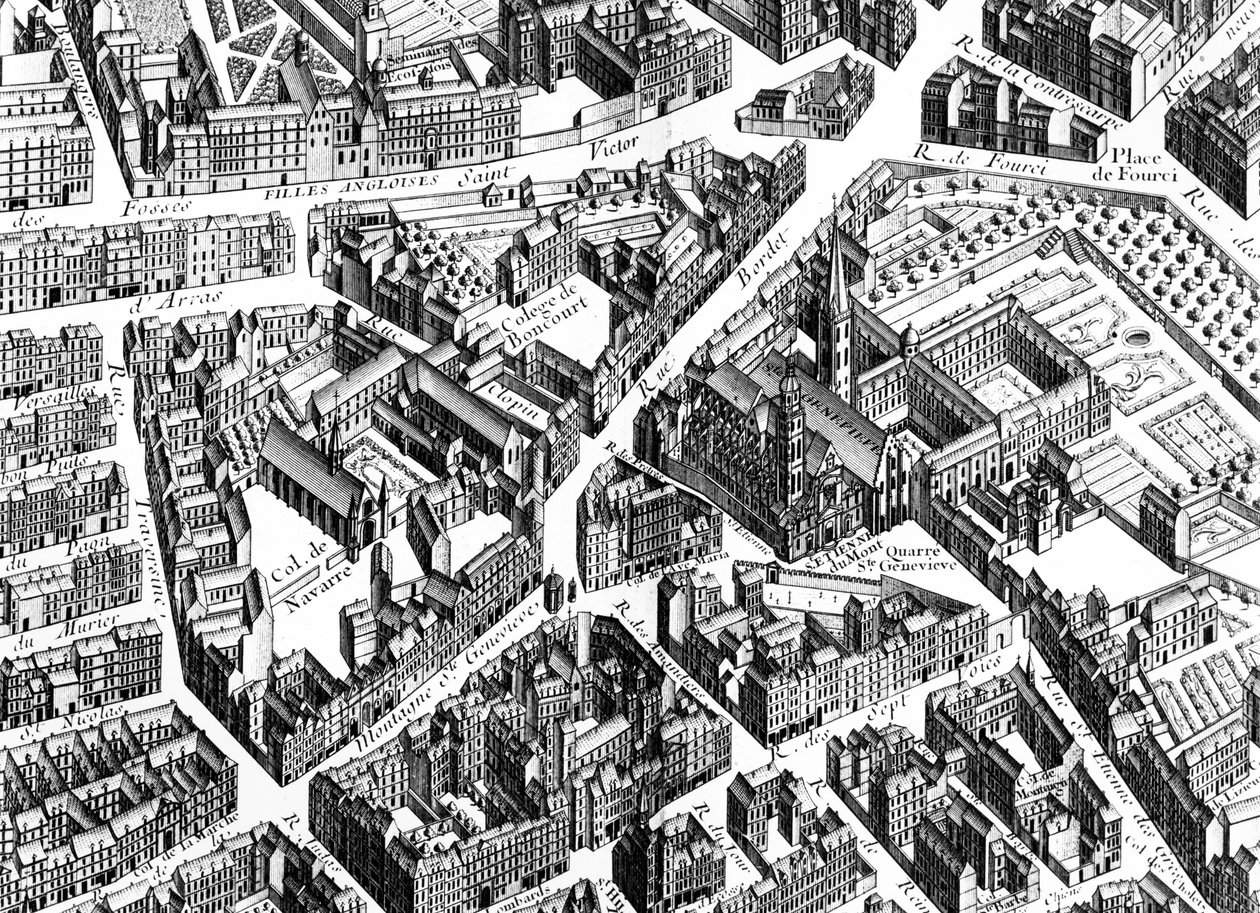Sainte-Geneviève körzet, Párizs, részlet a Párizsi Tervből, Plan de Turgot néven ismert, Claude Lucas metszetében, 1734-39 metszetrészlet a 233535-ből alkotó: Louis Bretez
