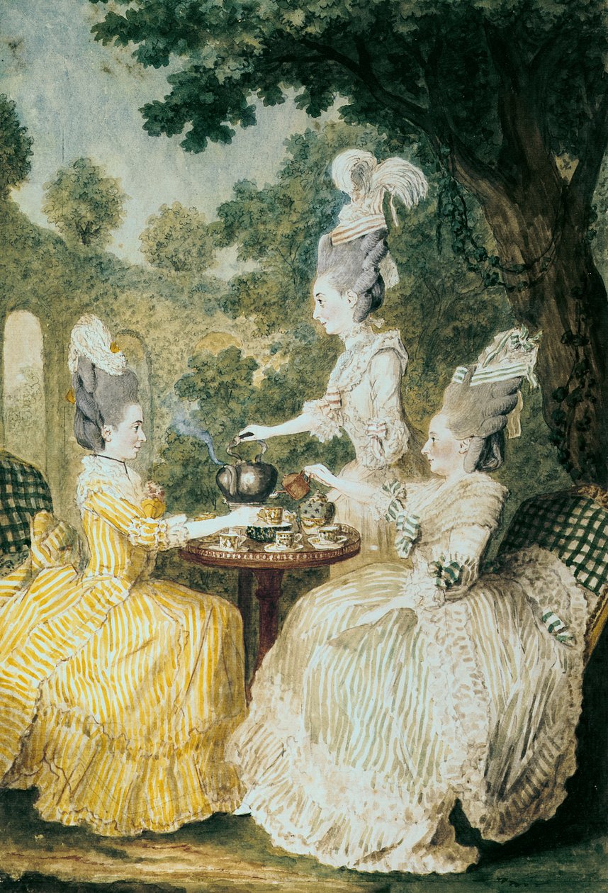 La Marquise de Montesson, La Marquise de Crest és La Comtesse de Damas teát iszik (akvarell papíron) alkotó: Louis Carrogis dit Carmontelle
