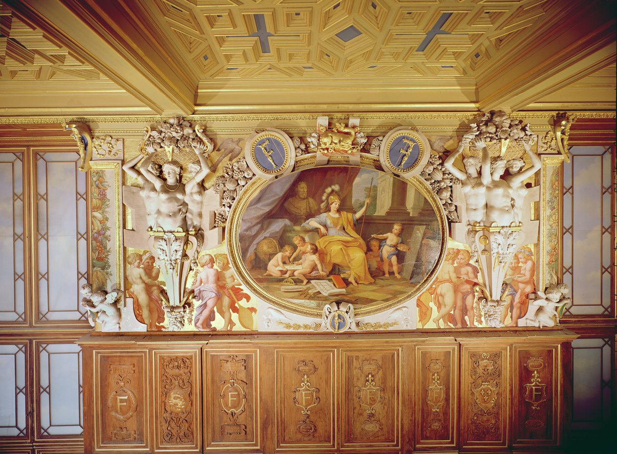 Galerie François I, „La Nymphe de Fontainebleau”-t ábrázoló freskó (stukkó, a mennyezet egy része és a famunkák láthatók), Rosso Fiorentino, Giovanni Battista (1494-1540), 1860 (freskó, stukkó és alkotó: Louis Charles Auguste Couder