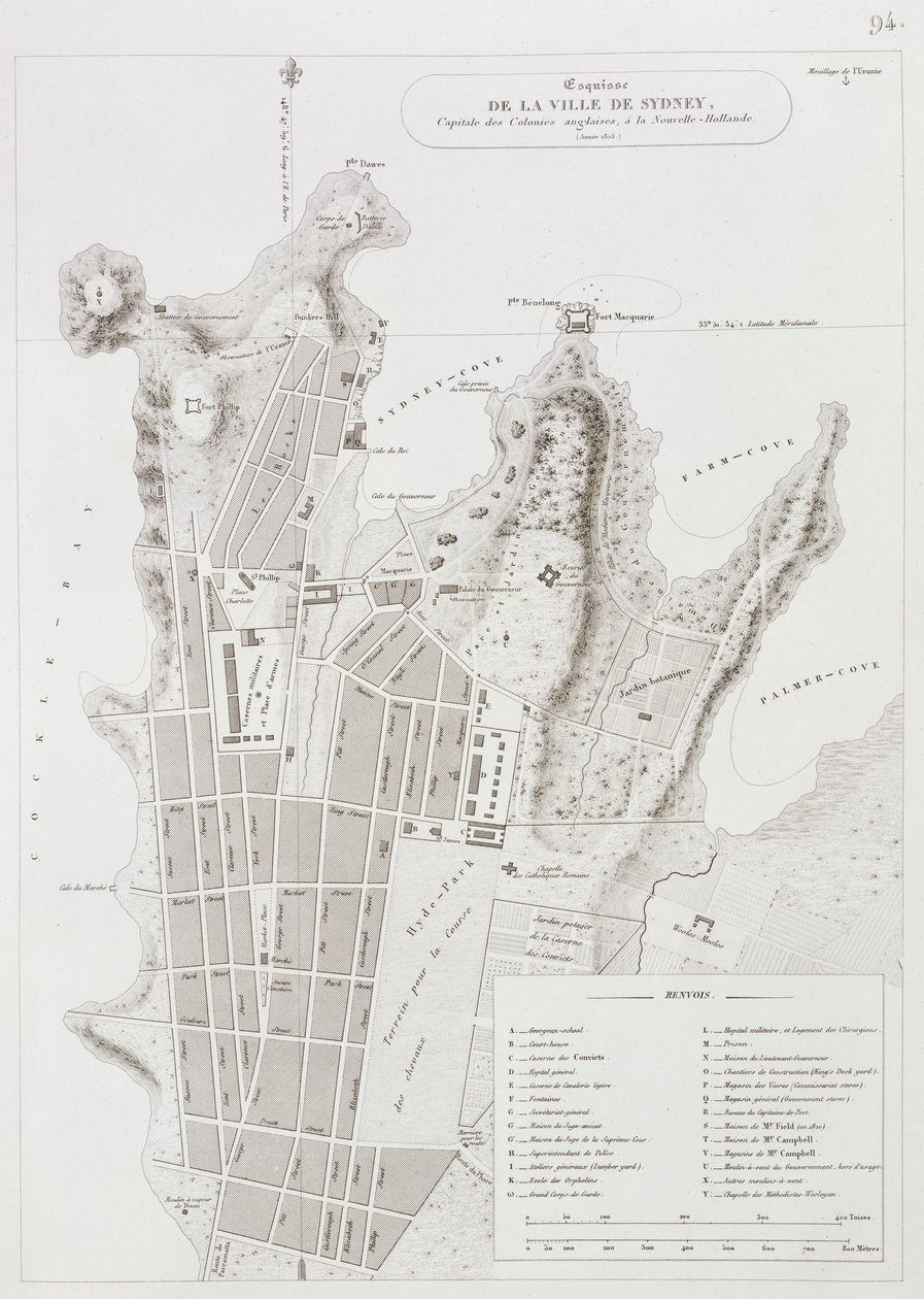 Sydney város terve, a Voyage Autour du Monde-ból (1817-20), megjelent 1822-24 alkotó: Louis Claude Desaulses de Freycinet