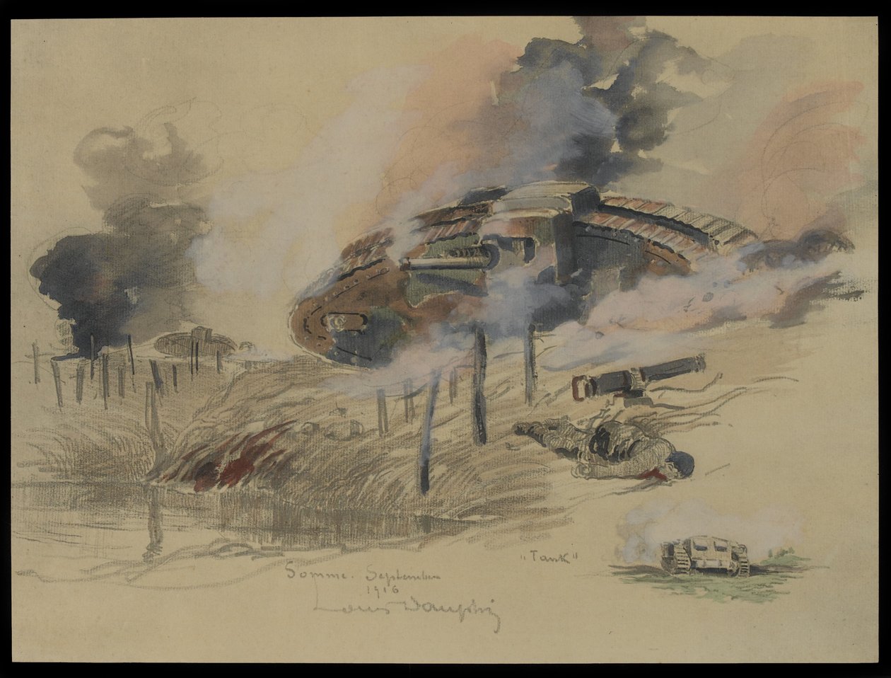 Tank a Somme-on, 1916. szeptember (wc és ceruza papíron) alkotó: Louis Dauphin