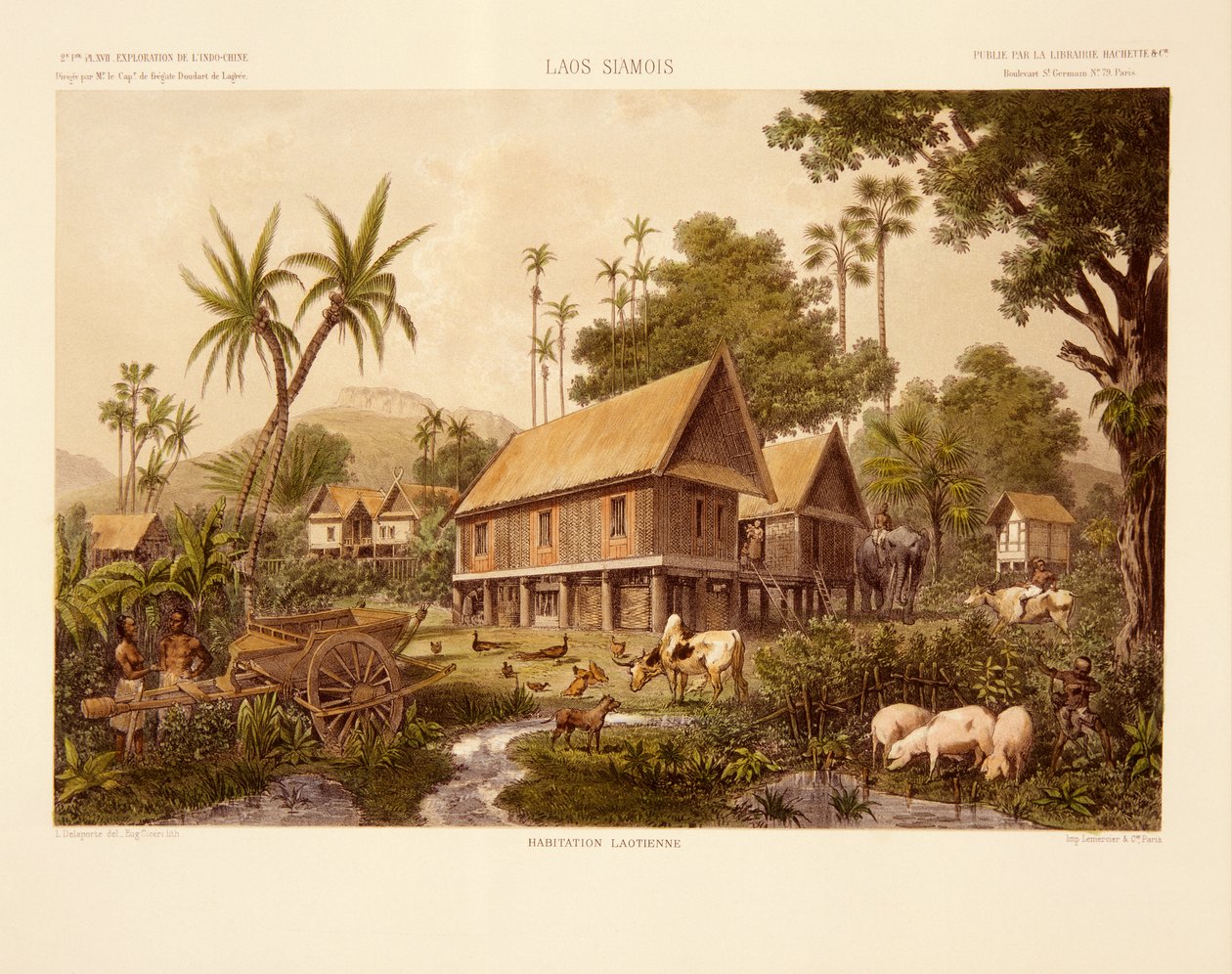 Egy laoszi ház, Eug által készített nyomat. Ciceri, illusztráció Francis Garnier és Ernest Doudart de Lagree "Egy felfedező út Indokínában az 1866, 1867 és 1868-as években" című, 1873-ban kiadott művéből (színes). alkotó: Louis Delaporte