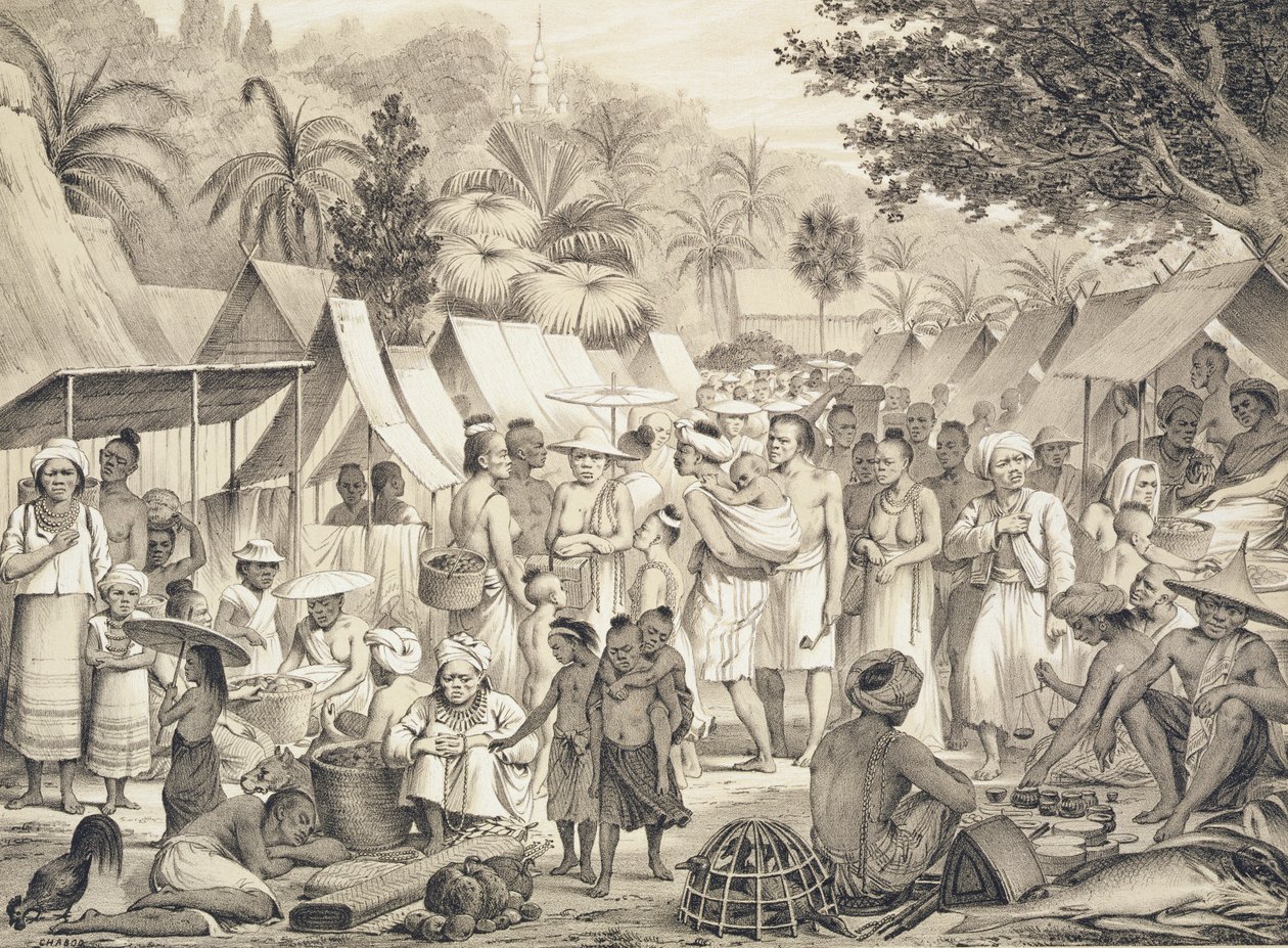 Piac a laoszi Luang Prabangban, illusztráció a Doudart de Lagree (1823-68) „Atlas du Voyage d