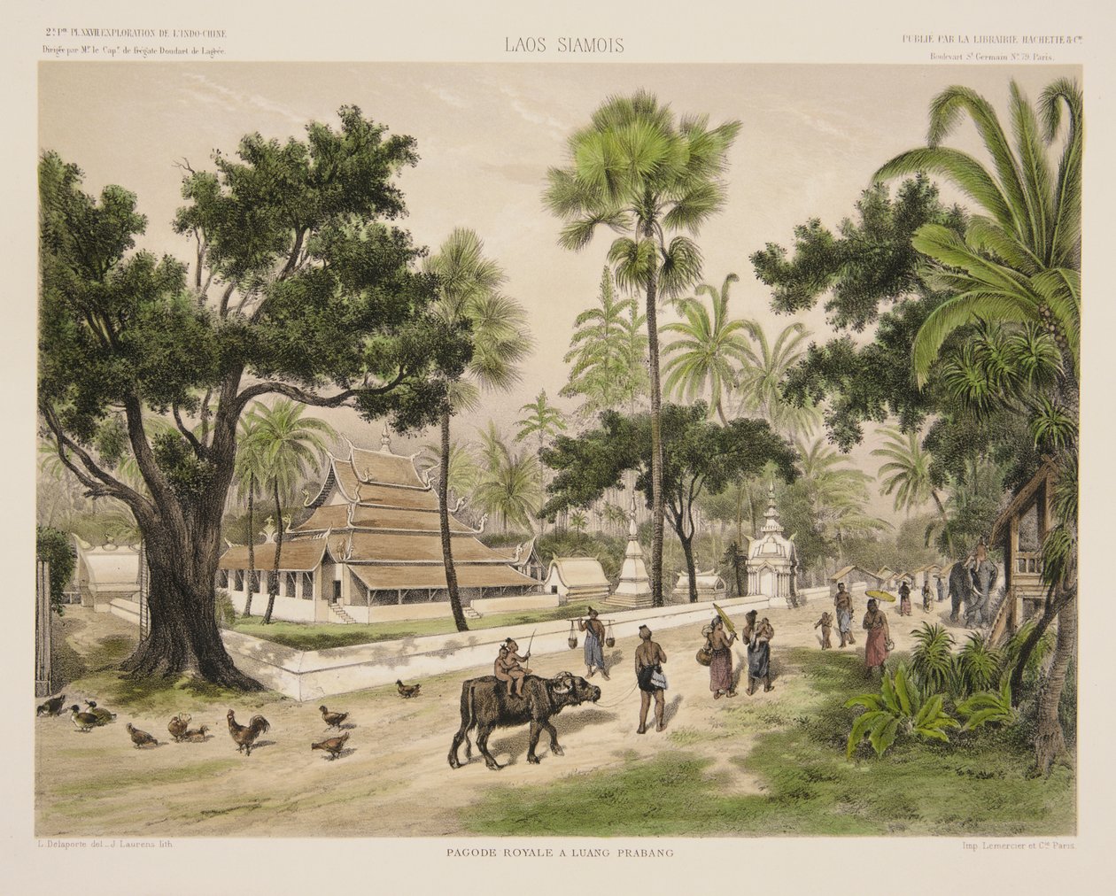 A Luang Prabang-i királyi templom, J. Laurens metszete, illusztráció Francis Garnier és Ernest Doudart de Lagree "Egy felfedező út Indokínában az 1866, 1867 és 1868-as években" című művéből, p alkotó: Louis Delaporte