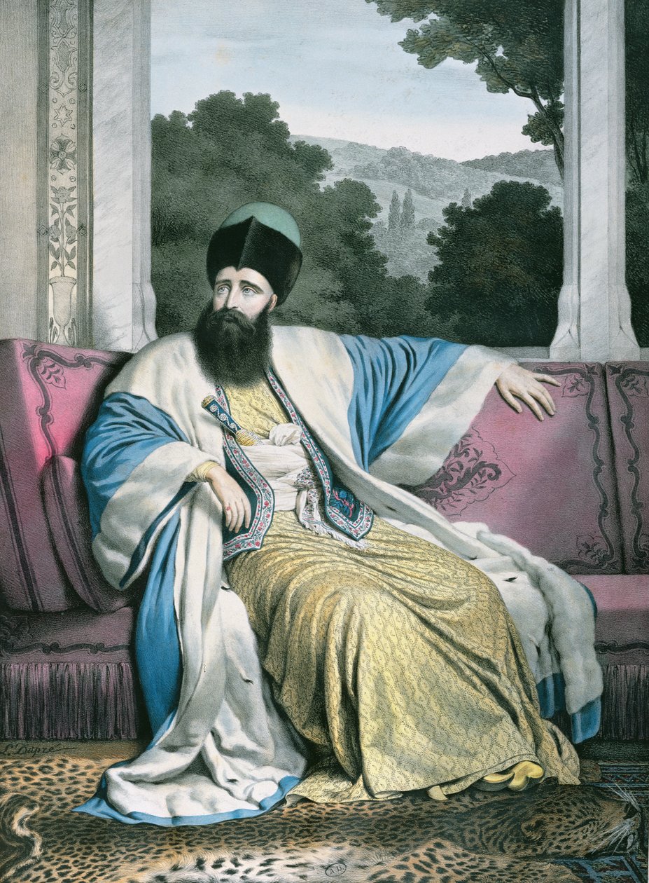 Michael Soutzo (Mihai Sutu), moldvai herceg 1819-21, Lemercier metszete a „Voyage a Athenes et Constantinople” címmel, írta és illusztrálta Dupre, 1828 alkotó: Louis Dupré