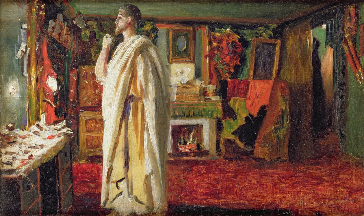 Mounet Sully színész római kosztümöt visel az öltözőjében alkotó: Louis Edouard Paul Fournier