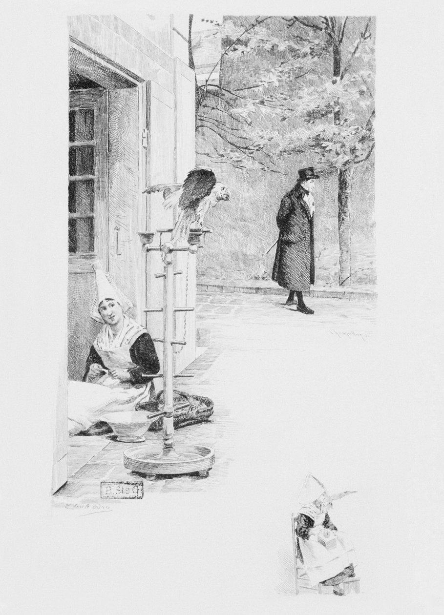 Felicite szolgáló és Loulou papagáj, Gustave Flaubert (1821-80) „Un coeur simple” című művének illusztrációja 1894-ben, metszet: Eugene Andre Champollion (1848-1901) Paris, Libraire Editeur A alkotó: Louis Emile Adan