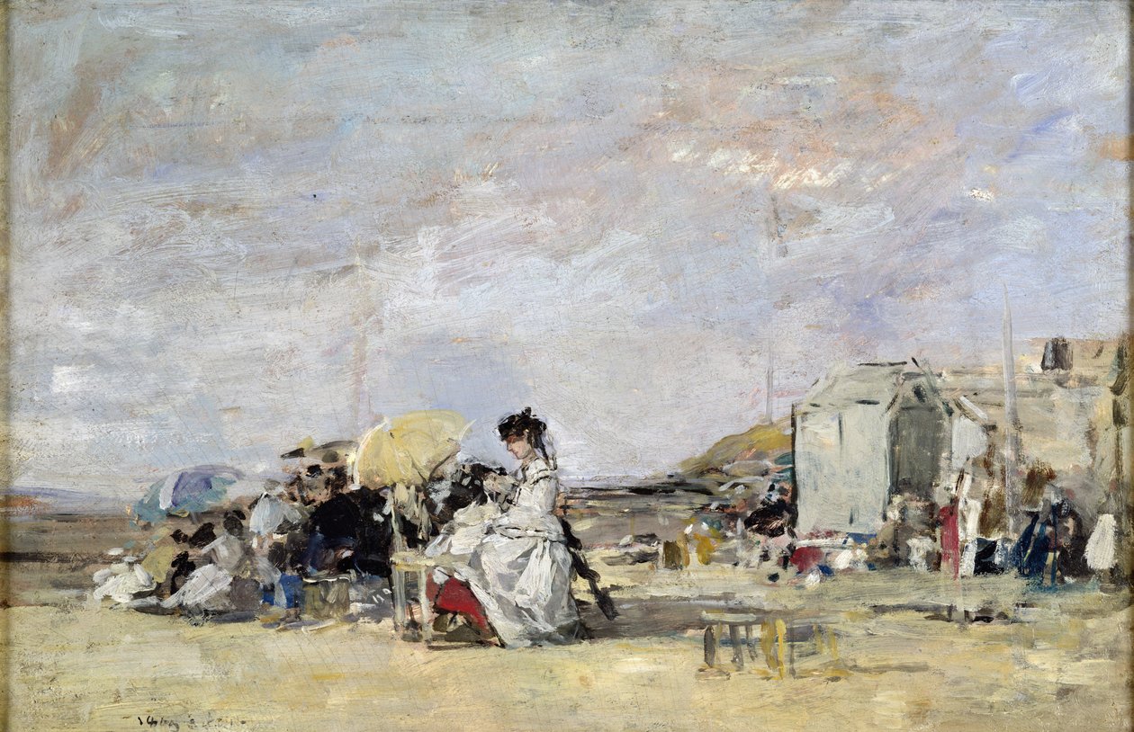 Fehér ruhás nő a trouville-i tengerparton, 1869 (olaj a kártyán) alkotó: Eugene Louis Boudin